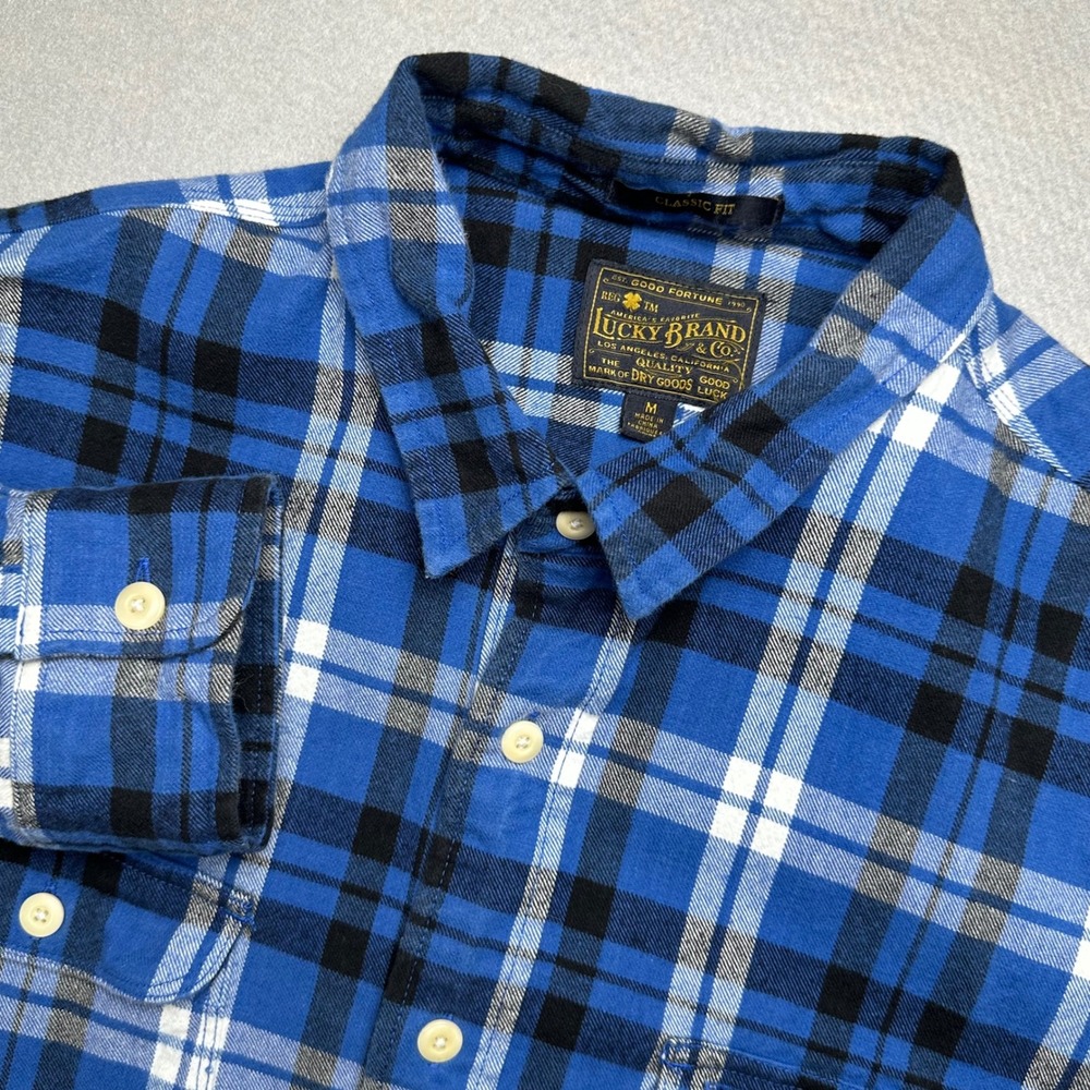 Lucky Brand Flannel Shirt Mens Medium Blue Black Plaid Classic Fit Long Sleeve